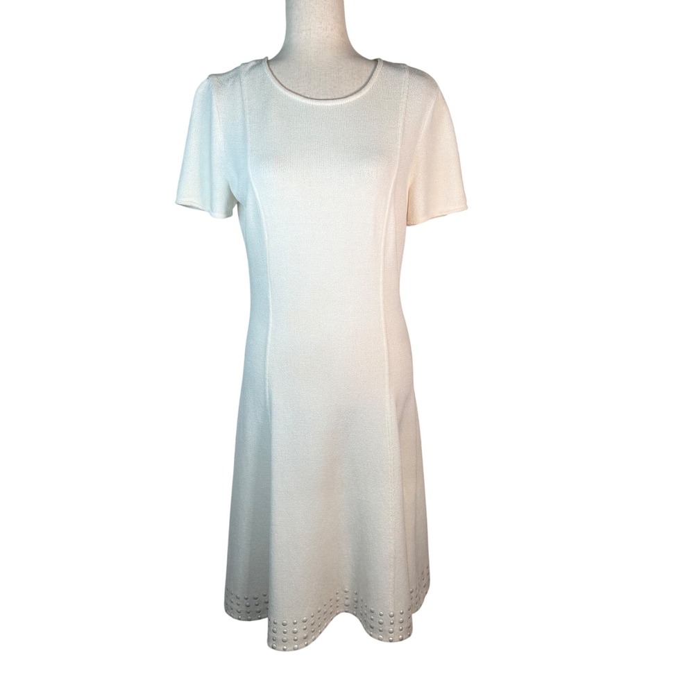St. John Collection Dress Womens 8 Cream Wool Knit Pearl Hem Luxury Quiet Luxury